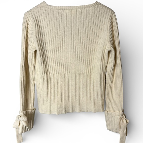Derek Lam 10 Crosby Ribbed Tie Cuff Peplum Sweater Ivory Wool Blend V Neck - Picture 4 of 15